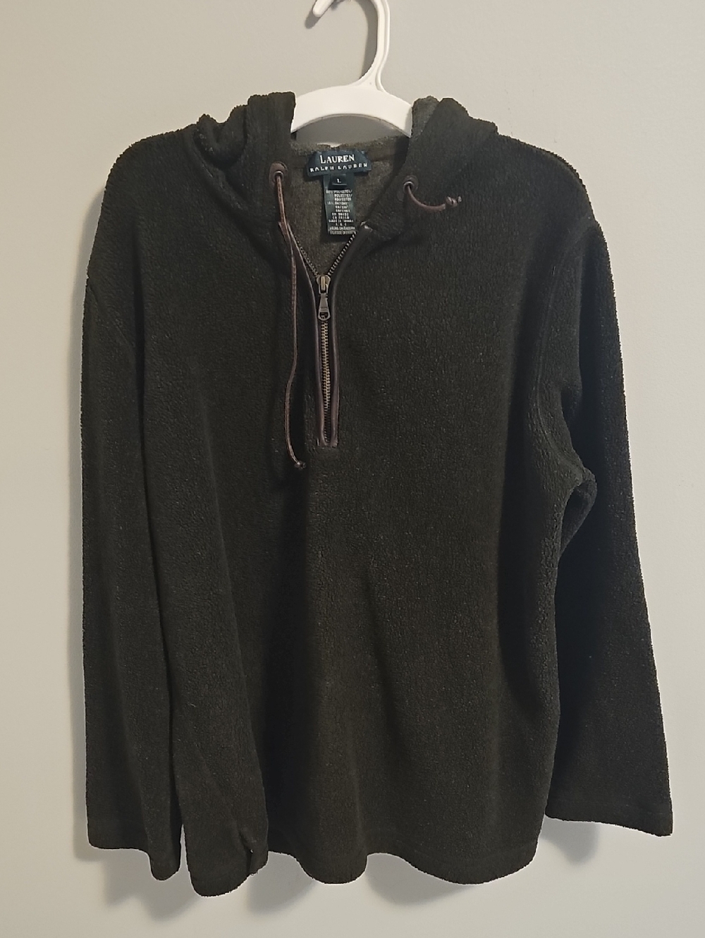 Vintage Lauren Ralph Lauren Men's Dark Olive Hooded Half-Zip Sweater